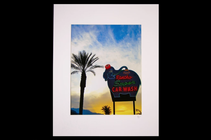 Pink-elephant Rancho Car Wash - Rancho Mirage, CA. Rancho "Pink Elephant" super Car Wash. A perfect view of an iconic desert sign, printed with metallic ink. Rancho Mirage, CA. 16" x 20" Matted.